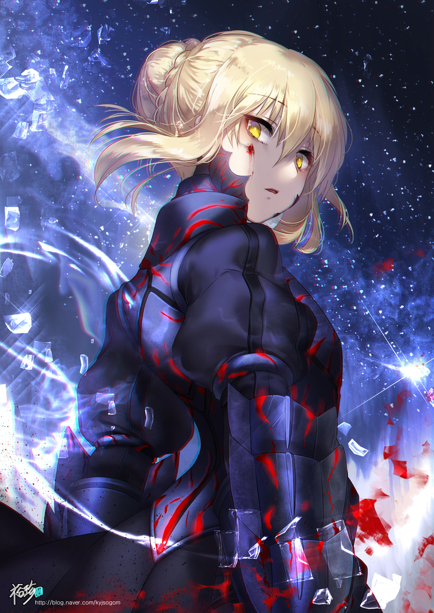 absurdres armor armored_dress artist_name artoria_pendragon_(all) bangs black_dress black_skirt blonde_hair blood blood_on_face bloody_clothes braid breastplate cowboy_shot dress eyebrows_visible_through_hair fate/stay_night fate_(series) french_braid from_behind gauntlets glass_shards hair_between_eyes hair_bun highres kyjsogom looking_at_viewer looking_back parted_lips puffy_short_sleeves puffy_sleeves saber_alter shards short_hair short_sleeves sidelocks skirt skirt_set sky solo star_(sky) starry_sky turtleneck watermark web_address yellow_eyes