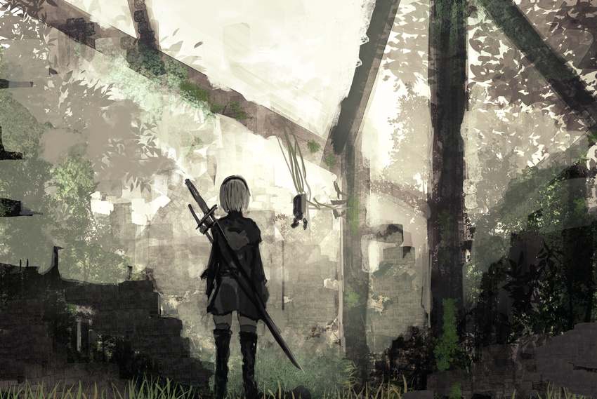 1girl android back black_dress black_thighhighs boots dress from_behind gras katana kumamoto_nomii-kun leaves long_sleeves nier_(series) nier_automata outstretched_arm robot ruins scenery short_hair silver_hair solo sunlight sword thigh_boots thighhighs thighs tree watermark weapon weapon_on_back yorha_no._2_type_b