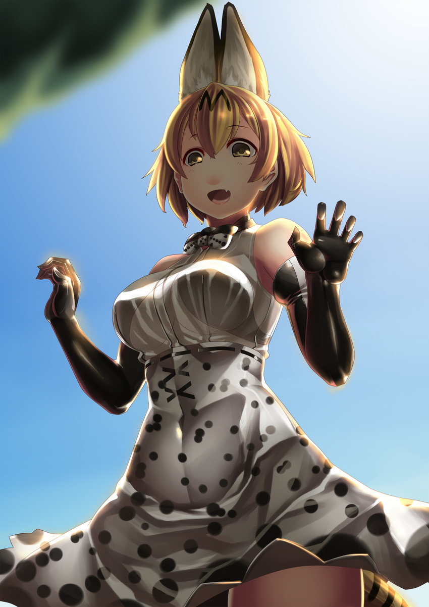 absurdres animal_ears bare_shoulders blonde_hair bow commentary covered_navel day elbow_gloves extra_ears from_below gloves hiememiko highres inverted_colors kemono_friends looking_down serval_(kemono_friends) serval_ears serval_print short_hair sky solo w_arms yellow_eyes
