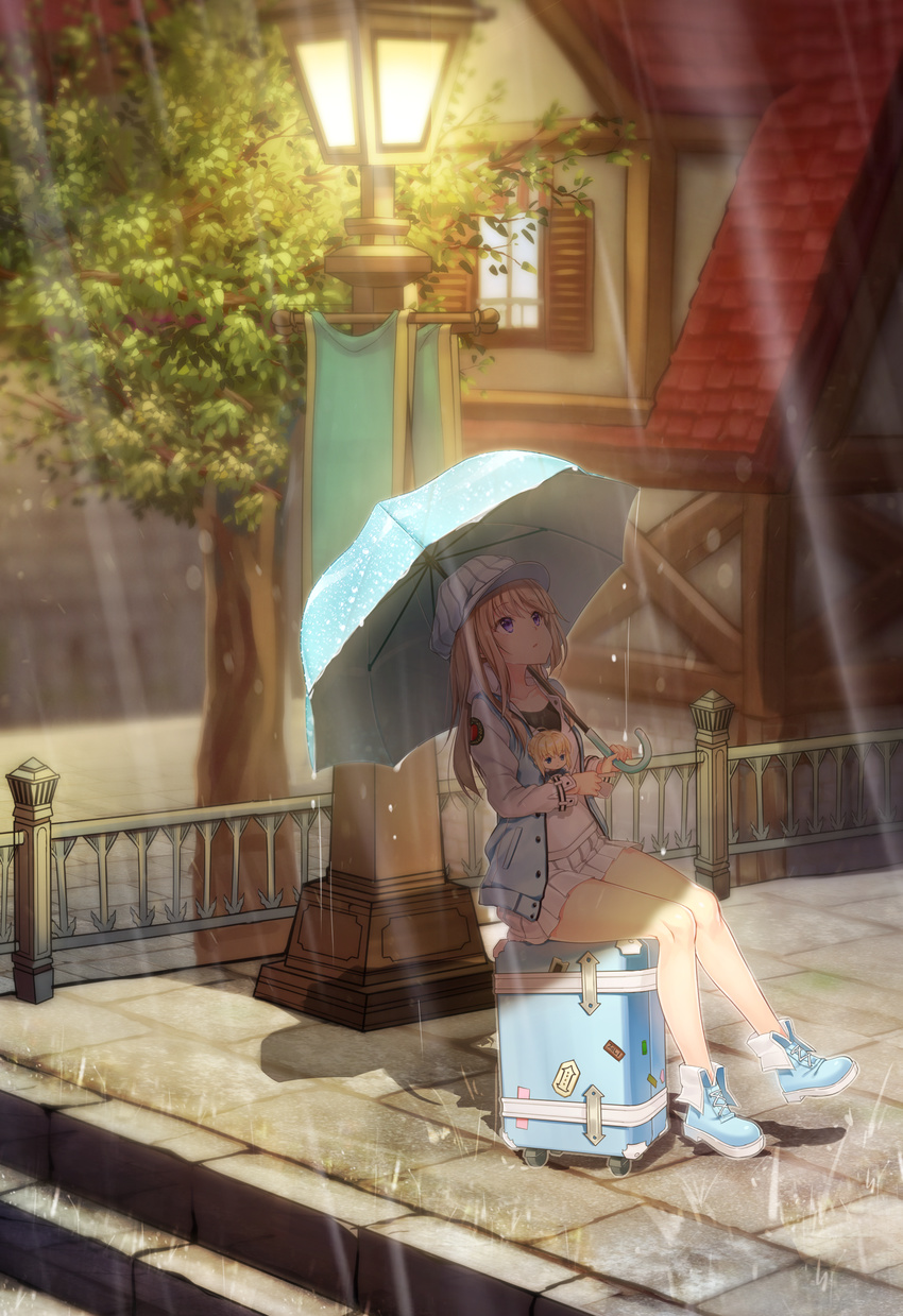 absurdres bad_id bad_pixiv_id banner bare_legs blonde_hair blue_umbrella building character_request commentary goyain hat highres holding holding_umbrella jacket lamppost long_hair long_sleeves looking_up mabinogi open_clothes open_jacket outdoors pavement pink_skirt pleated_skirt purple_eyes railing rain shade sitting sitting_on_object skirt sticker suitcase sunlight travel tree umbrella under_umbrella