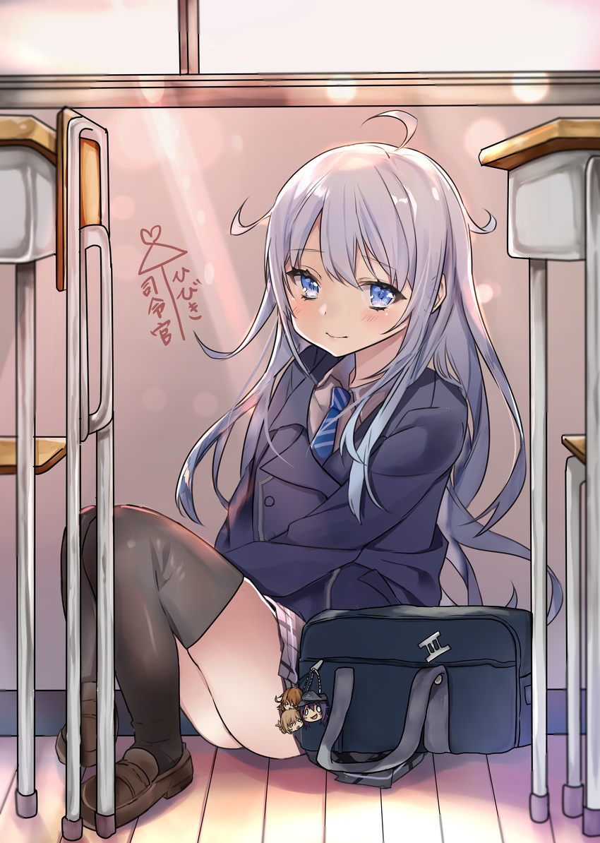 absurdres ai_ai_gasa akatsuki_(kantai_collection) alternate_costume bad_id bad_pixiv_id bag bag_charm black_jacket black_legwear blazer blouse blue_eyes blush brown_footwear chair charm_(object) classroom commentary_request contemporary desk full_body hair_between_eyes hibiki_(kantai_collection) highres ikazuchi_(kantai_collection) inazuma_(kantai_collection) indoors jacket kantai_collection knees_up legs_together lens_flare light_smile lips loafers long_hair long_sleeves looking_at_viewer nanakagura necktie on_floor plaid plaid_skirt pleated_skirt roman_numerals school_bag school_desk school_uniform shoes silver_hair sitting skirt solo sunlight thighhighs thighs translation_request v_arms white_blouse window