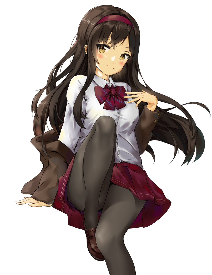 absurdres black_hair black_legwear blazer bow bowtie brown_eyes commentary_request gh_(chen_ghh) hairband highres jacket long_hair md5_mismatch original pantyhose school_uniform simple_background skirt smile solo white_background