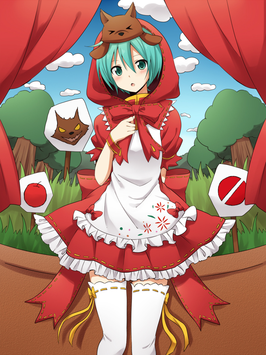 &gt;_&lt; :o animal animal_on_head apron aqua_eyes aqua_hair arm_behind_back bangs blush bow closed_eyes cloud cosplay cowboy_shot curtains day dress frilled_dress frills grass hair_between_eyes hatsune_miku highres hood little_red_riding_hood little_red_riding_hood_(grimm) little_red_riding_hood_(grimm)_(cosplay) looking_at_viewer mikuzukin_(module) on_head open_mouth project_diva_(series) project_diva_2nd red_dress revision ribbon-trimmed_clothes ribbon-trimmed_headwear ribbon-trimmed_legwear ribbon_trim short_hair short_sleeves sky solo standing sudachi_(calendar) theater thighhighs tree vocaloid white_legwear wrist_cuffs