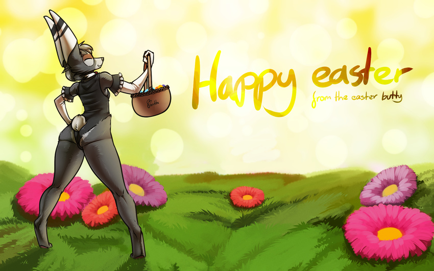 abstract_background anthro basket bunny_costume camel_toe canine clothed clothing costume easter eyes_closed feretta flower fox fur grass grey_fur holidays mammal plant rear_view silver_fox skimpy tale_of_tails vix_(feretta)