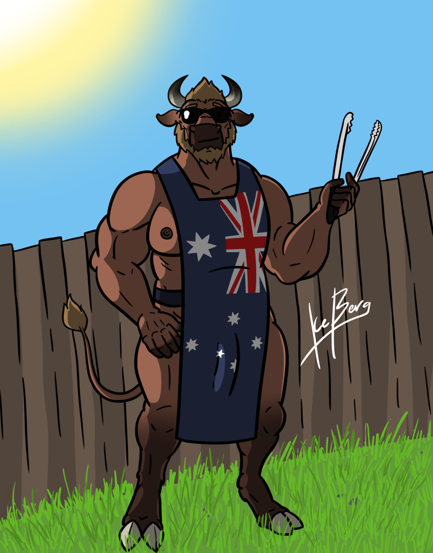 1ceberg anthro apron australia australian_flag biceps bottomless bovid bovine bulge clothed clothing erection erection_under_clothes eyewear glasses grin hand_on_hip hooves horn male mammal mostly_nude muscular muscular_male nipples smile solo standing tom(1ceberg) tongs