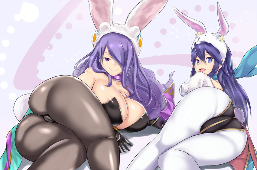 alternate_costume animal_ears areola_slip areolae ass aster_crowley black_legwear blue_hair breasts bunny_ears cameltoe camilla_(fire_emblem_if) choker fire_emblem fire_emblem:_kakusei fire_emblem_heroes fire_emblem_if frilled_choker frills highres looking_at_viewer lucina multiple_girls pantyhose purple_hair smile white_legwear