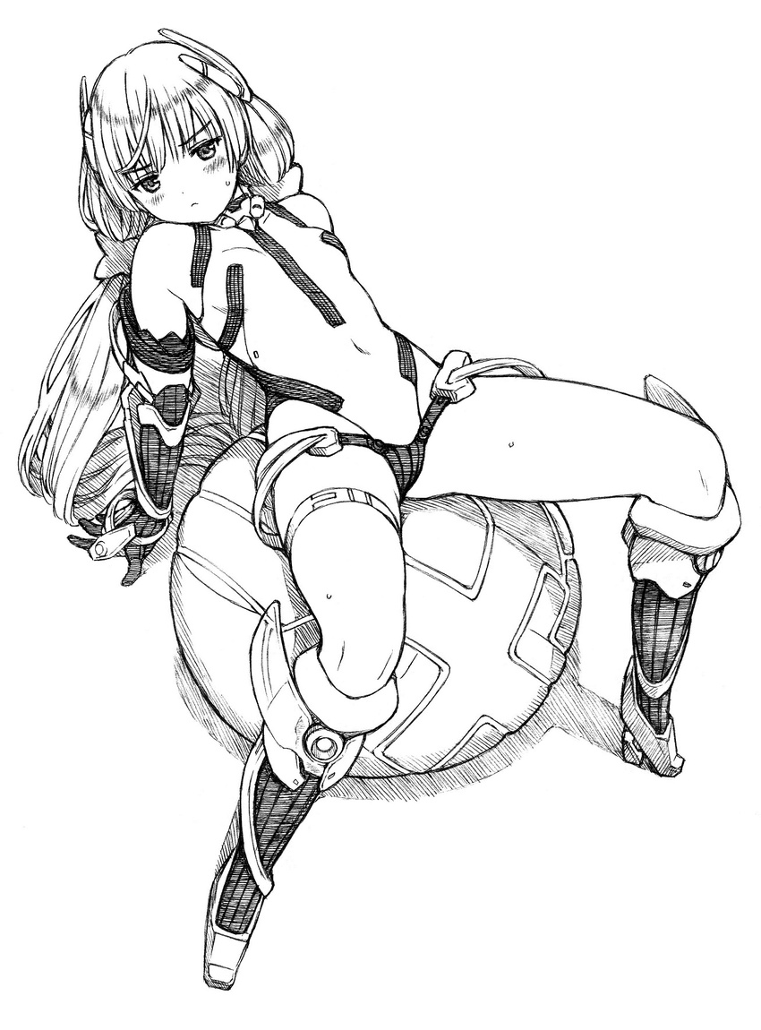 alternate_breast_size angela_balzac ball bare_shoulders boots breasts covered_navel elbow_gloves exercise_ball frown full_body gloves greyscale hatching_(texture) headgear high_heel_boots high_heels highres knee_boots leotard long_hair low_twintails monochrome rakuen_tsuihou small_breasts solo sweat sweatdrop traditional_media twintails yug