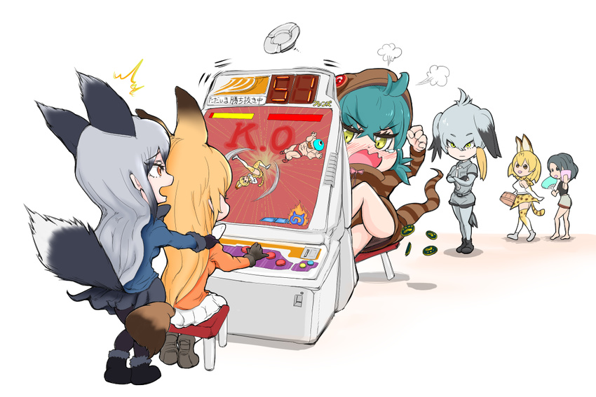 animal_ears arcade_cabinet ashtray bird_tail bird_wings black_gloves black_hair blonde_hair blush cerulean_(kemono_friends) crossed_arms elbow_gloves ezo_red_fox_(kemono_friends) fan flash_kick fox_ears fox_tail gloves green_eyes guile head_wings japari_coin kaban_(kemono_friends) kemono_friends long_hair makosu_(toilet_mania) multiple_girls necktie pantyhose serval_(kemono_friends) serval_ears serval_print serval_tail shoebill_(kemono_friends) short_hair shorts silver_fox_(kemono_friends) silver_hair sitting skirt snake_tail stool striped_hoodie striped_tail tail tearing_up thighhighs translated tsuchinoko_(kemono_friends) white_gloves wings yellow_eyes zangief