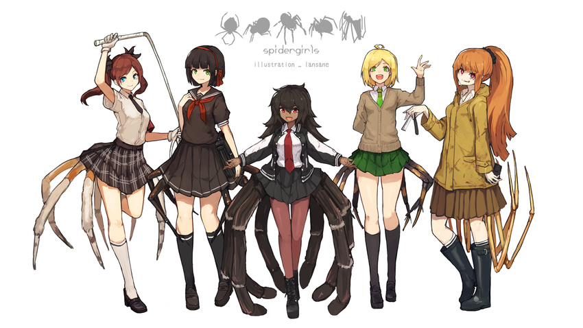 :d ahoge arm_behind_back artist_name bangs black_footwear black_hair black_serafuku blonde_hair blue_eyes blunt_bangs boots breasts brown_hair bug cardigan comic commentary_request dark_skin english fangs green_eyes hair_between_eyes hair_ornament hair_ribbon hair_scrunchie hairband hand_on_own_chest hand_up highres holding_whip insect_girl jacket kneehighs lansane long_hair long_sleeves looking_at_viewer medium_breasts monster_girl multiple_girls neckerchief necktie open_mouth orange_hair original outstretched_arms personification pleated_skirt ponytail razor red_eyes red_hair ribbon rubber_boots school_uniform scrunchie serafuku shoes short_hair short_sleeves skirt small_breasts smile spider spider_girl spider_legs spread_arms straight_razor tongue tongue_out twintails uniform whip white_background