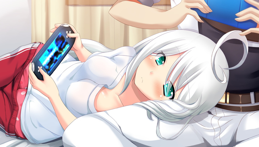 1girl ahoge aqua_eyes belt blush frown handheld_game_console head_out_of_frame hetero highres indoors lap_pillow long_hair looking_at_viewer lying neet on_side pants pillow playing_games polka_dot protagonist_(x-overd) shirt solo_focus sweatpants t-shirt tinyl white_hair white_pants white_shirt x-overd yukeshi