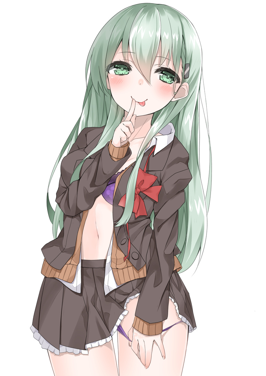 :p absurdres black_jacket black_skirt blouse bra brown_sweater cardigan green_eyes green_hair hair_ornament hairclip hashiko_nowoto highres jacket kantai_collection long_hair long_sleeves neck_ribbon open_clothes open_jacket open_shirt panties panty_pull pleated_skirt purple_bra purple_panties red_ribbon remodel_(kantai_collection) ribbon shirt simple_background skirt smile solo suzuya_(kantai_collection) sweater sweater_jacket tongue tongue_out underwear white_background white_blouse