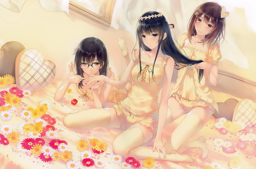 absurdres bed black_hair blush breasts cleavage comb combing cross curtains flower flowers_(innocent_grey) full_body glasses green_eyes hair_ornament hairclip hanabishi_rikka head_wreath heart heart_hair_ornament heart_pillow highres jewelry kneeling kousaka_mayuri light_brown_hair lying medium_breasts multiple_girls nail_polish necklace on_stomach panties parted_lips pillow shirahane_suou sitting small_breasts smile sugina_miki thighhighs twintails underwear window yellow_legwear