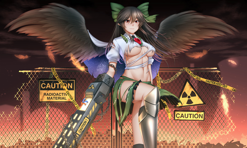 arm_cannon armor arms_at_sides bird_wings black_hair black_wings boots bow breasts breasts_apart caution caution_tape chain collared_shirt eyebrows_visible_through_hair feathered_wings feathers fence floating_hair frilled_shirt_collar frills green_bow green_skirt hair_between_eyes hair_bow highres knee_up large_breasts light_smile long_hair looking_at_viewer md5_mismatch melting mismatched_footwear mochi_(chain_csn) navel night no_bra nuclear_powerplant puffy_short_sleeves puffy_sleeves radiation_symbol red_eyes reiuji_utsuho shirt short_sleeves sign single_boot skirt sky solo standing star_(sky) starry_sky stomach third_eye toned torn_clothes torn_shirt torn_skirt touhou underboob warning_sign weapon white_shirt wing_collar wings