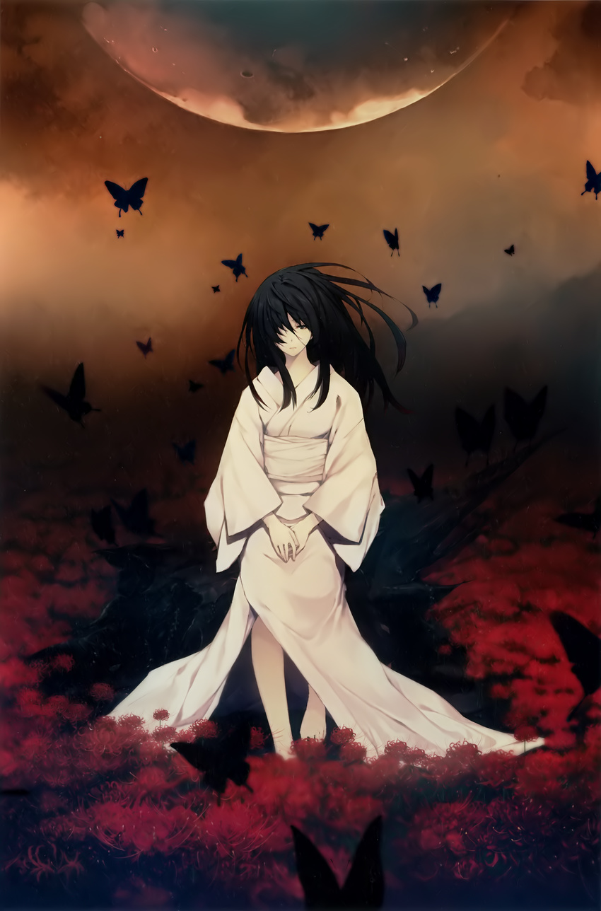 absurdres apocalypse black_butterfly black_hair bug butterfly cartagra flower grey_eyes hair_over_one_eye highres insect japanese_clothes kimono kouzuki_yura log moon solo spider_lily sugina_miki white_kimono yukata