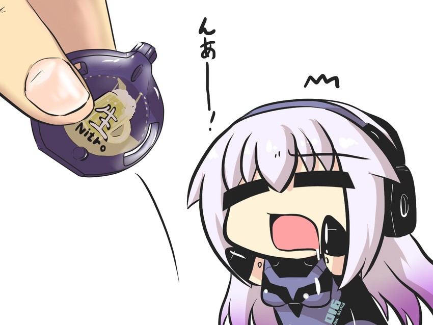 =_= arms_up arnval_mk2_tempesta bodysuit bottle busou_shinki chibi comic commentary_request drooling earphones fingers gloves goma_(gomasamune) highres long_hair minigirl open_mouth pink_hair translation_request white_background