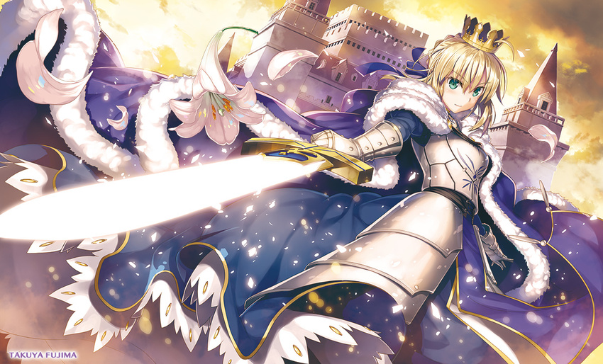 ahoge armor armored_dress artist_name artoria_pendragon_(all) blonde_hair blue_cape blue_dress blush braid cape castle closed_mouth cloud cloudy_sky coat commentary_request crown dress excalibur eyebrows_visible_through_hair fate/stay_night fate_(series) faulds flower french_braid fujima_takuya fur-trimmed_cape fur_trim gauntlets glint glowing glowing_sword glowing_weapon green_eyes hair_ribbon holding holding_sword holding_weapon light_particles lily_(flower) looking_at_viewer petals ribbon saber short_hair sky solo sword weapon