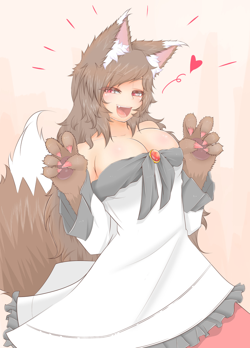 :d absurdres animal_ears bare_shoulders blush breasts brooch brown_hair claws cleavage cowboy_shot cube85 dress fang fur heart highres imaizumi_kagerou jewelry large_breasts long_hair long_sleeves looking_at_viewer monster_girl off-shoulder_dress off_shoulder open_mouth red_eyes smile solo touhou werewolf white_dress wide_sleeves wolf_ears