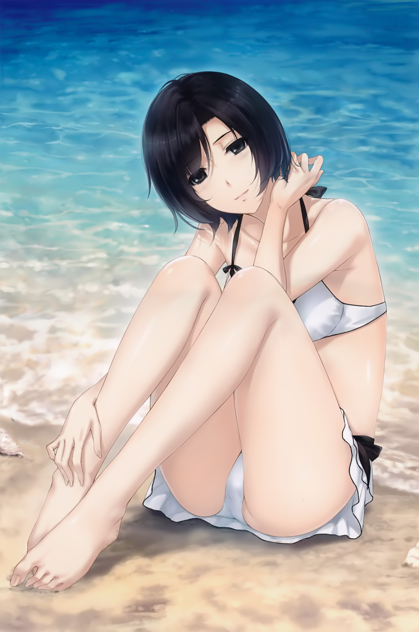 absurdres barefoot beach bikini black_hair bow feet grey_eyes highres kara_no_shoujo legs looking_at_viewer outdoors sand shell short_hair sitting solo sugina_miki swimsuit tokisaka_yukari water