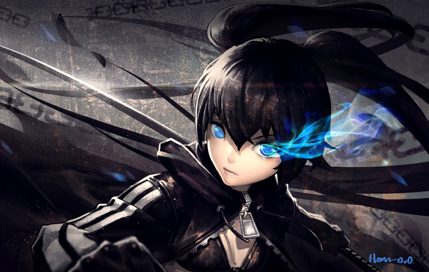 &gt;:( absurdres artist_name artist_request bangs bikini_top black_hair black_jacket black_rock_shooter black_rock_shooter_(character) blue_eyes blue_fire breasts burning_eye chain closed_mouth drawstring fire frown glint glowing glowing_eye gradient gradient_background gun hair_between_eyes highres jacket katana long_hair long_sleeves looking_at_viewer open_clothes open_jacket serious small_breasts solo source_request sword track_jacket twintails unsheathed upper_body v-shaped_eyebrows very_long_hair weapon zipper