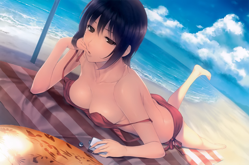 absurdres ass bangs bare_arms bare_legs bare_shoulders barefoot beach beach_umbrella bikini black_hair blue_sky breasts brown_eyes character_request cleavage cloud day eyelashes hair_between_eyes hand_to_own_mouth highres innertube large_breasts leg_up looking_at_viewer lying ocean on_stomach outdoors red_bikini sand side-tie_bikini sidelocks sky solo strap_slip sugina_miki swimsuit tanning_oil umbrella untied untied_bikini water