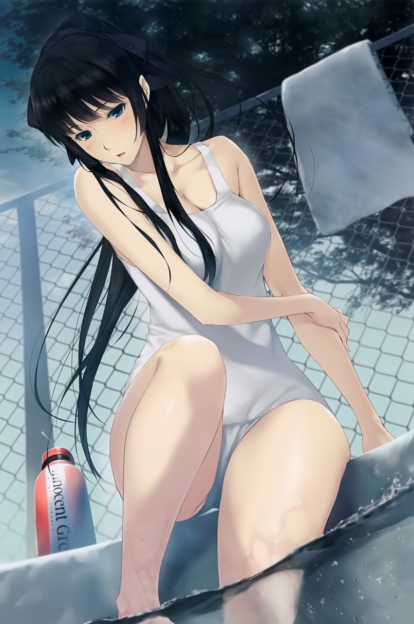 absurdres bare_shoulders black_hair blue_eyes bottle breasts chain-link_fence cleavage collarbone day dutch_angle fence from_below highres innocent_grey kara_no_shoujo_2 kayahara_yukiko large_breasts lips long_hair one-piece_swimsuit outdoors parted_lips ponytail pool poolside scan school_swimsuit sitting soaking_feet solo sugina_miki swimsuit towel water water_bottle wet white_school_swimsuit white_swimsuit