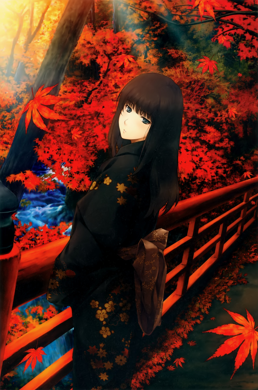 absurdres black_hair bridge cowboy_shot floral_print grey_eyes highres japanese_clothes kara_no_shoujo kimono kuchiki_touko leaf long_hair looking_at_viewer obi sash solo sugina_miki tree water yukata