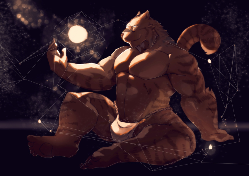 2017 5_toes abs abstract_background anthro big_muscles bulge clothed clothing feline fundoshi grimoire_of_zero japanese_clothing magic male mammal mercenary_(character) moon muscular muscular_male partially_clothed pawpads paws pecs solo tiger toes underwear アラスカニヤ