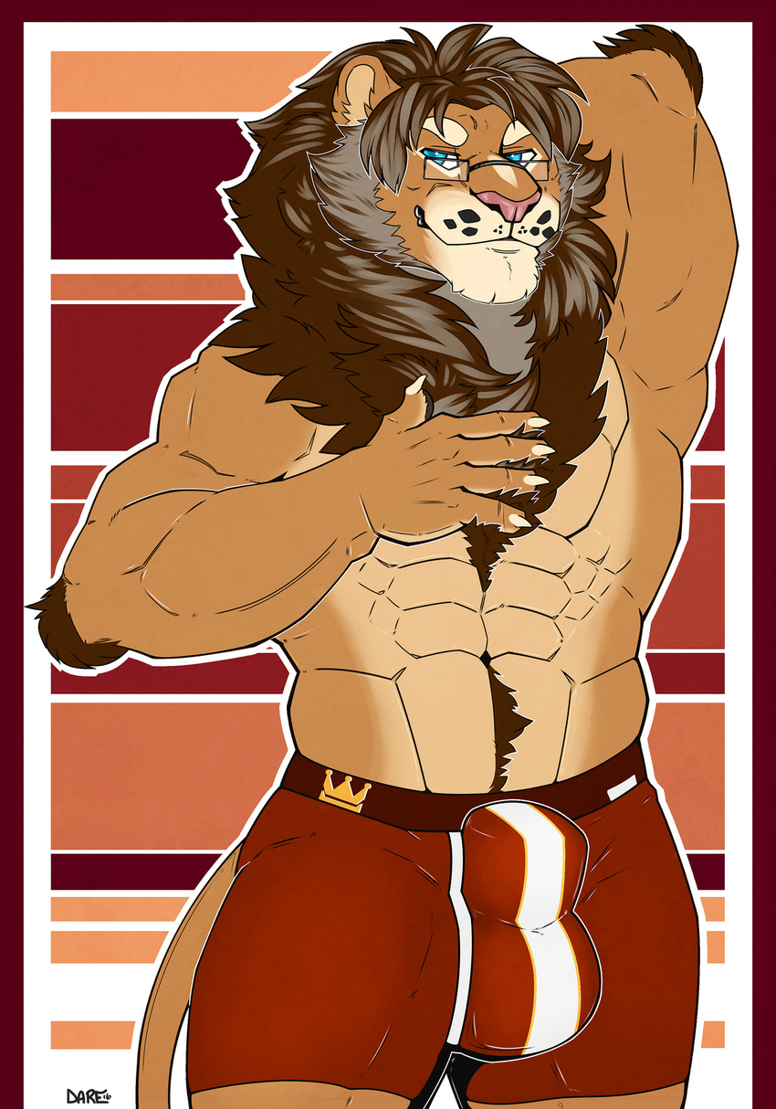 2016 5_fingers abs abstract_background anthro biceps biped blue_eyes body_hair boxers_(clothing) brown_fur brown_mane bulge claws clothed clothing countershading digital_media_(artwork) elbow_tufts eyewear feline front_view fur glasses grey_mane hand_behind_head hand_on_chest happy_trail hi_res hom.nom.nom lion looking_at_viewer male mammal multicolored_fur multicolored_mane muscular muscular_male pink_nose pinup portrait pose red_bottomwear red_clothing red_underwear robbo signature solo standing tan_countershading tan_fur three-quarter_portrait topless tuft two_tone_mane underwear white_claws white_fur