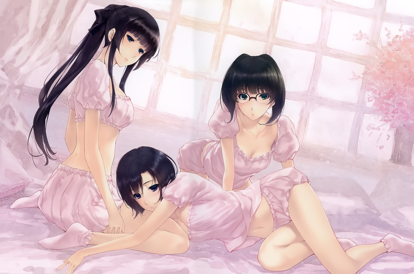 absurdres bangs black_hair bloomers blunt_bangs breasts character_request cleavage collarbone dutch_angle flowers_(innocent_grey) full_body glasses green_eyes grey_eyes hanabishi_rikka highres looking_at_viewer lying medium_breasts medium_hair midriff multiple_girls navel no_shoes parted_lips pillow pink_legwear ponytail purple_eyes shirahane_suou short_hair socks sugina_miki twintails underwear window