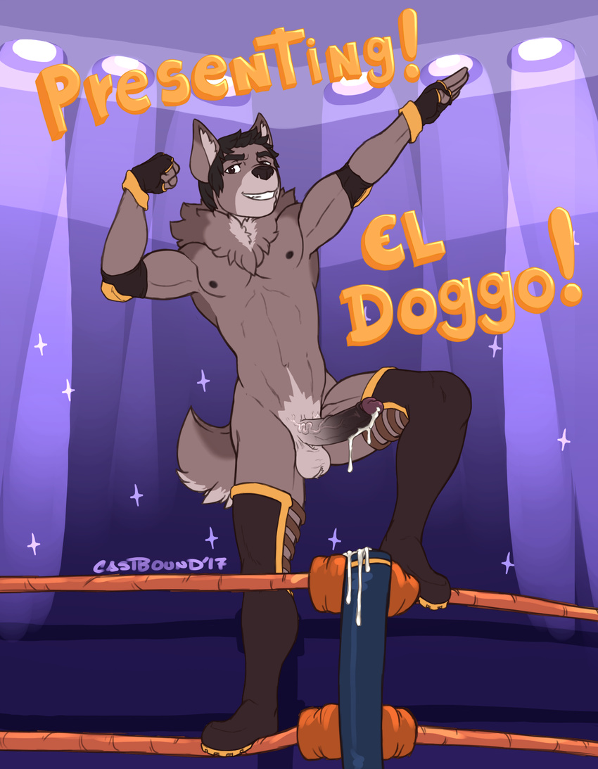 after_masturbation anthro armpits black_hair brown_eyes bulge canine castbound clothed clothing cum dog elbow_pads english_text erection fingerless_gloves flexing gloves grin hair humanoid_penis looking_at_viewer male mammal muscular neck_tuft pecs penis pose retracted_foreskin smile solo spanish_text text tuft uncut vein veiny_penis wrestler
