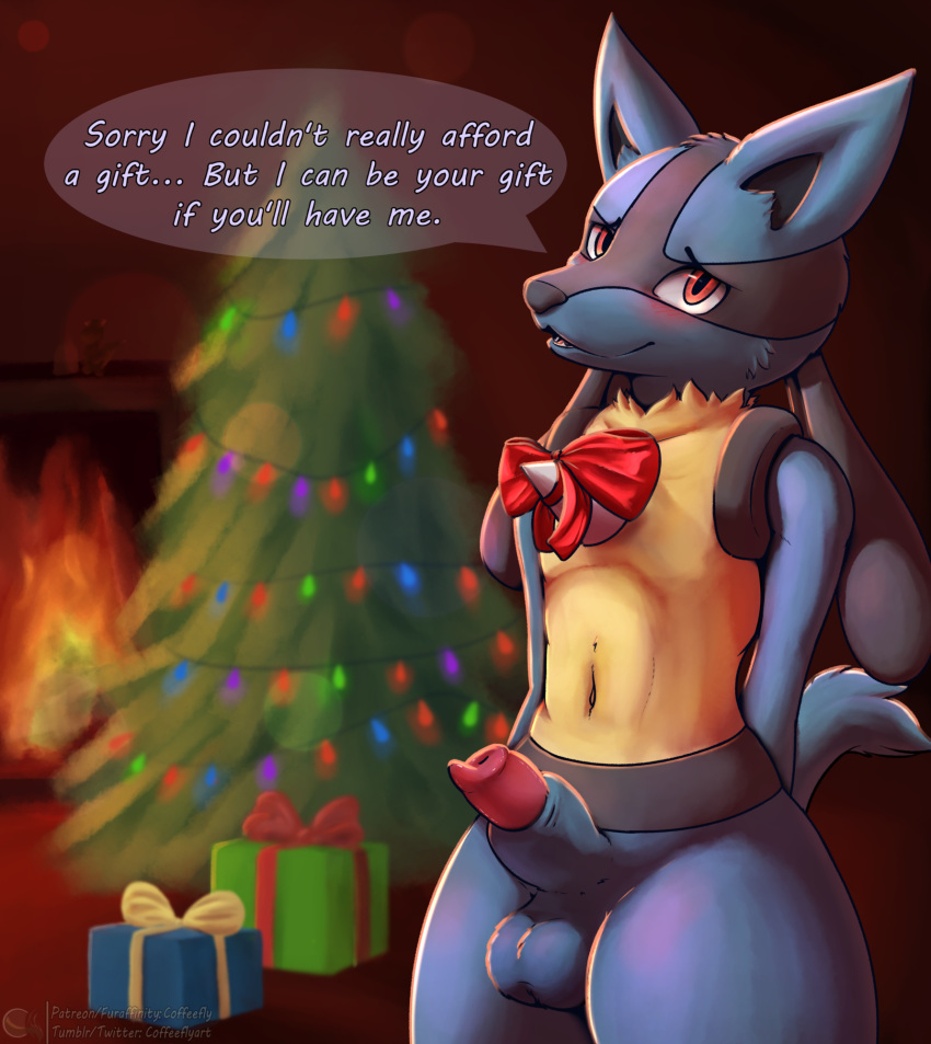2018 animal_genitalia animal_penis anthro aroused balls black_fur blue_balls blue_fur blush bow canine canine_penis christmas christmas_tree coffeefly english_text fire fur gift half-erect holidays invalid_tag lens_flare looking_at_viewer lucario male mammal nintendo nude penis penis_tip pok&eacute;mon pok&eacute;mon_(species) red_eyes ribbons sheath smile solo standing text tree video_games yellow_fur