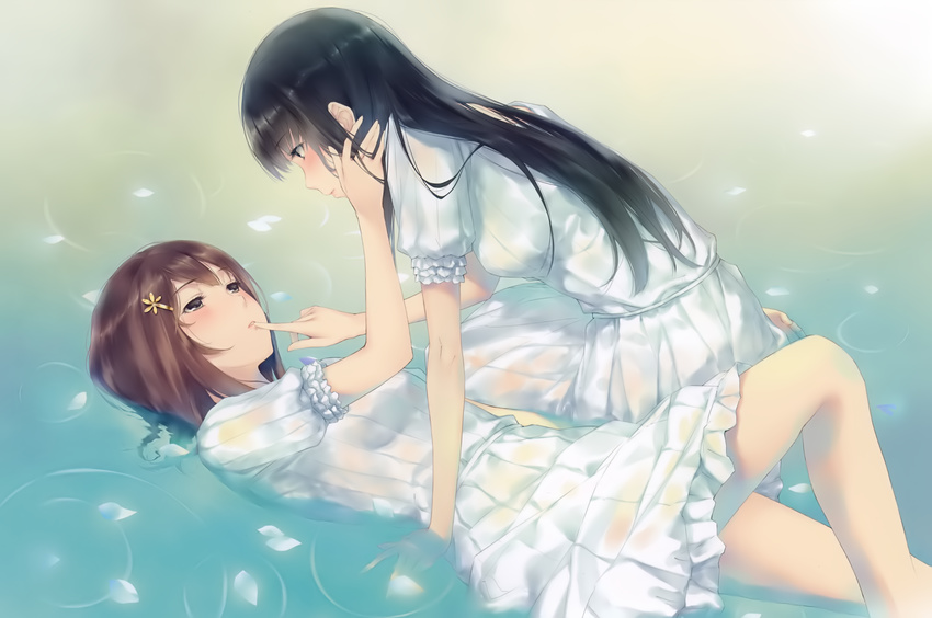 absurdres black_hair blush brown_hair eye_contact finger_to_another's_mouth flowers_(innocent_grey) from_side green_eyes highres kousaka_mayuri lips long_hair looking_at_another lying medium_hair multiple_girls partially_submerged pleated_skirt profile shirahane_suou sitting skirt sugina_miki water wet wet_clothes yuri