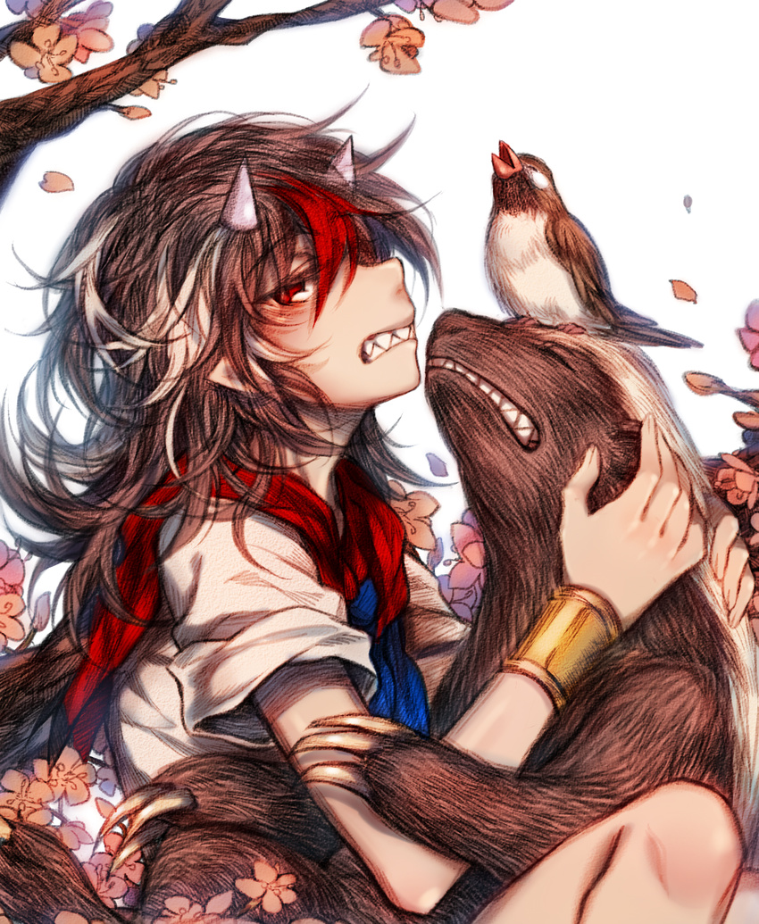 badger bangs bird black_hair bracelet claws clenched_teeth commentary_request flower from_side highres honey_badger horns jewelry kijin_seija long_hair looking_at_viewer looking_to_the_side profile red_eyes red_hair sharp_teeth short_sleeves sitting teeth touhou upper_body what white_hair yudaoshan