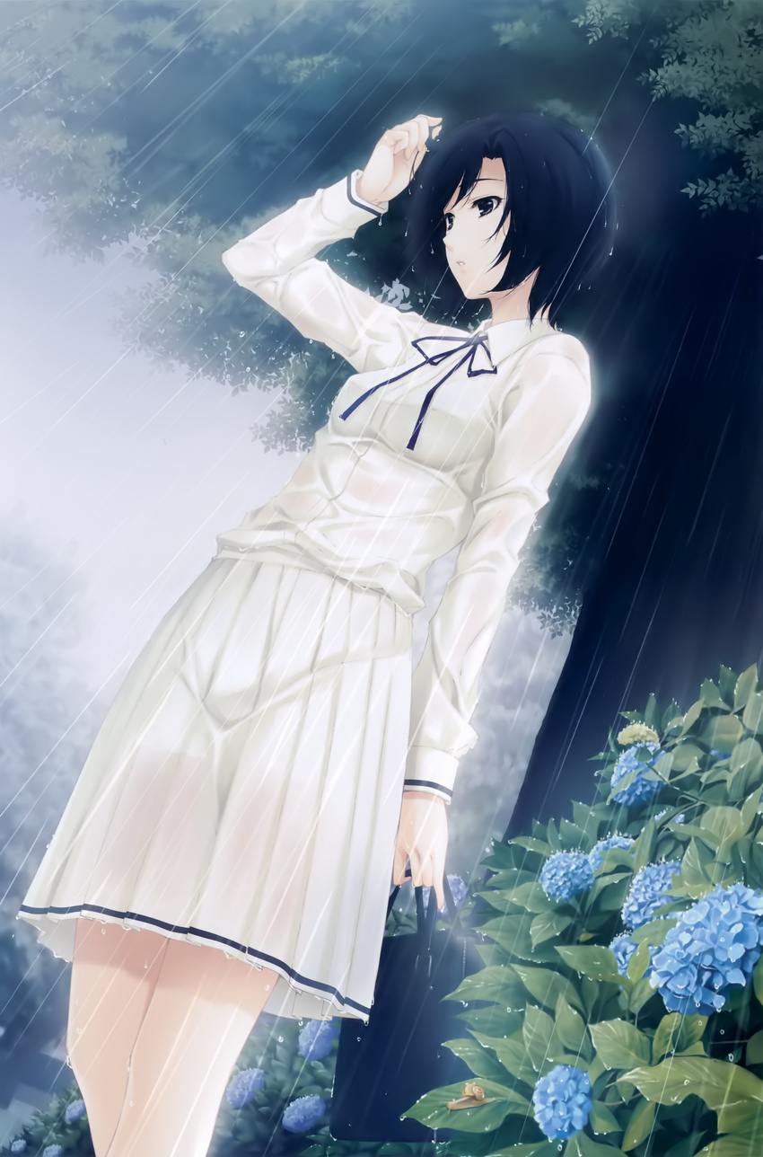 absurdres bag black_hair breasts flower highres kara_no_shoujo pleated_skirt rain ribbon school_bag school_uniform serafuku short_hair skirt small_breasts snail solo sugina_miki tokisaka_yukari tree wet wet_clothes