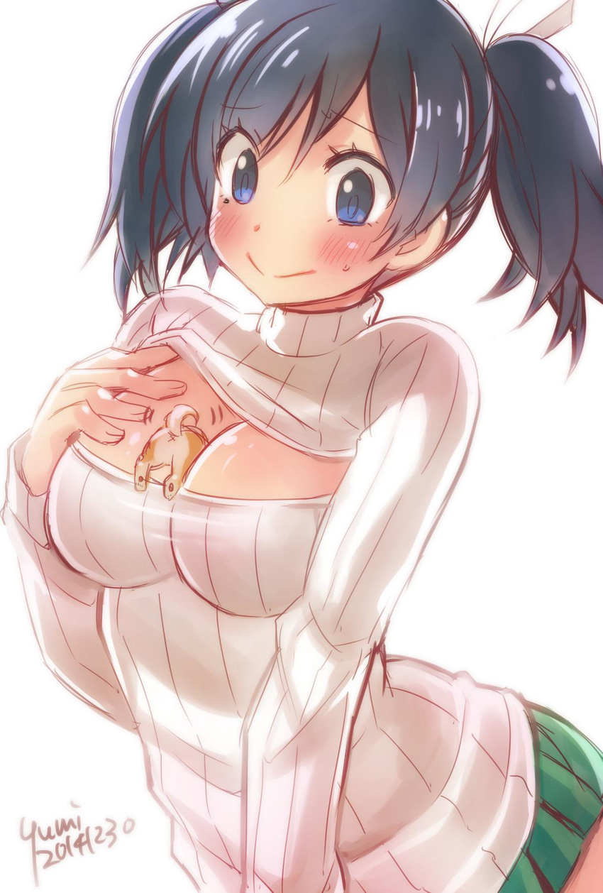 2014 :&gt; artist_name between_breasts black_hair blue_eyes blush breasts cleavage closed_mouth dated dog hair_ribbon highres kantai_collection medium_breasts meme_attire open-chest_sweater puppy ribbed_sweater ribbon short_hair simple_background solo souryuu_(kantai_collection) sweatdrop sweater turtleneck twintails upper_body white_background yumi_yumi