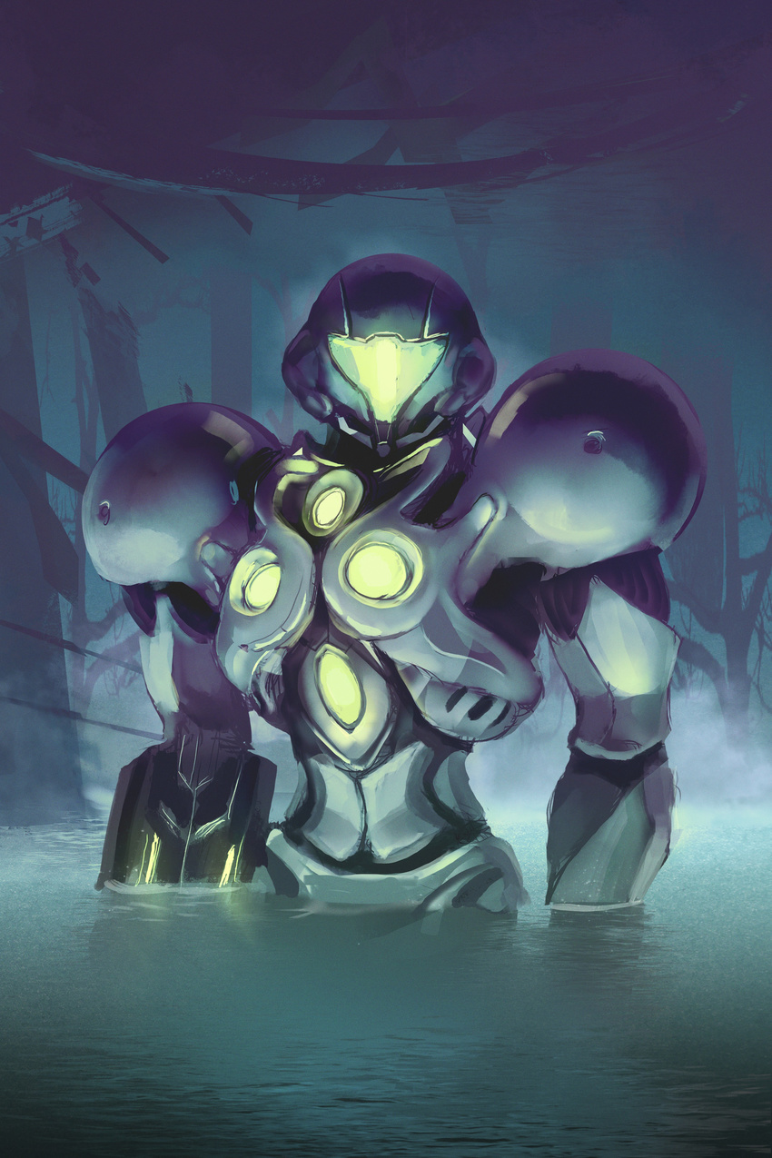 absurdres arm_cannon armor der_razputin highres light_suit metroid metroid_prime_2:_echoes partially_submerged power_armor samus_aran solo wading water weapon