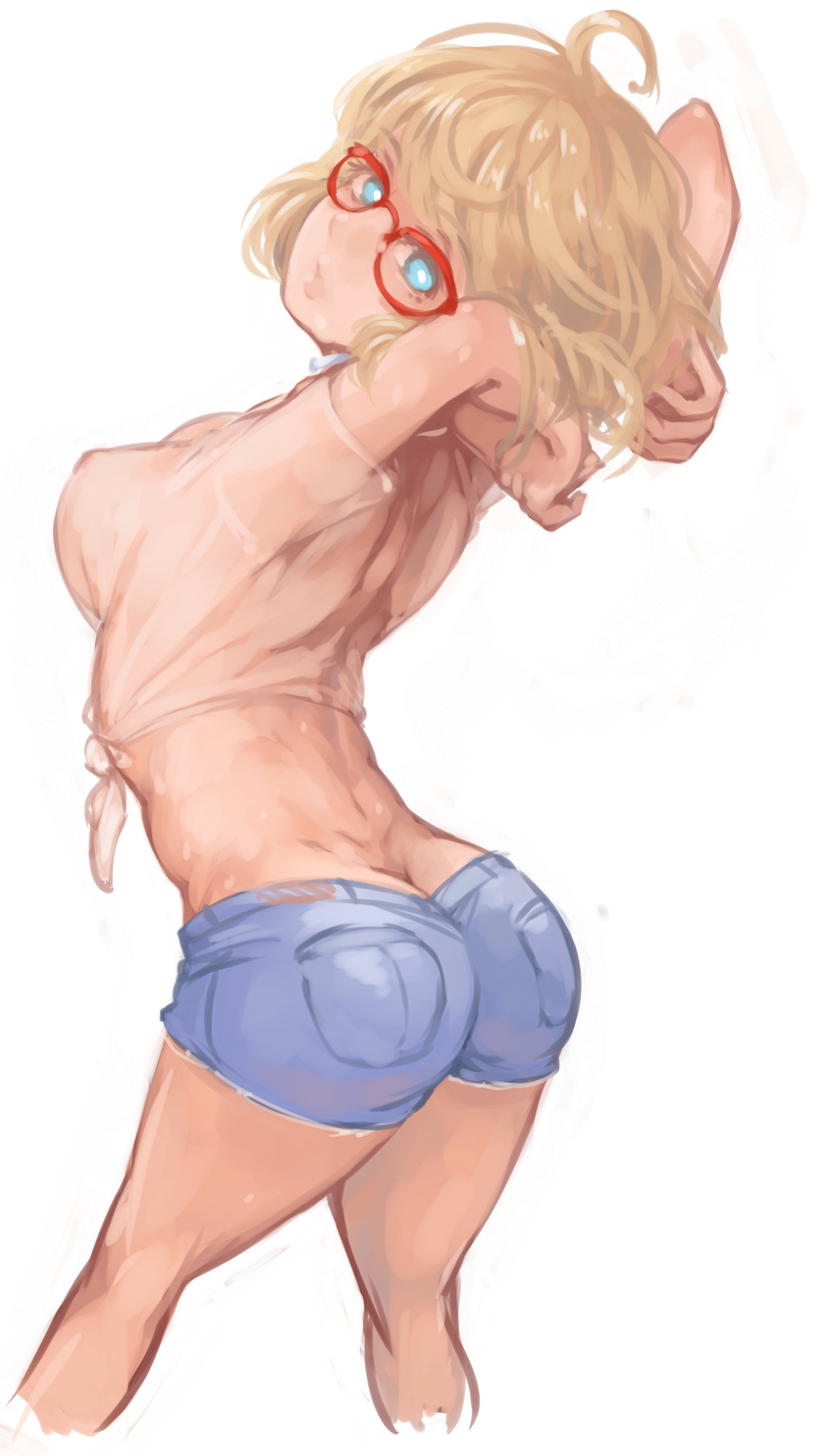 ahoge annie_brown arched_back arms_behind_head arms_up ass blonde_hair blue_eyes breasts butt_crack covered_nipples cutoffs demstouts denim denim_shorts feet_out_of_frame from_behind glasses highres looking_at_viewer looking_back medium_breasts midriff red-framed_eyewear see-through shaft_look shimoneta_to_iu_gainen_ga_sonzai_shinai_taikutsu_na_sekai shirt short_hair shorts simple_background solo standing stretch tied_shirt white_background