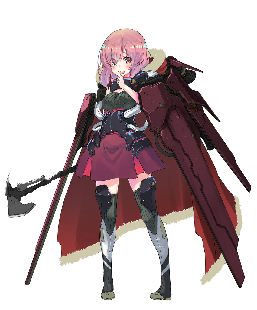 absurdres asymmetrical_bangs axe bangs blush brown_skirt commentary_request eyebrows_visible_through_hair full_body hand_up highres holding holding_axe little_red_riding_hood_(grimm) looking_at_viewer mecha_musume oota_youjo open_mouth original pink_hair red_eyes ribbed_legwear science_fiction simple_background skirt solo standing tears teeth thighhighs tomahawk wavy_hair wavy_mouth weapon white_background zettai_ryouiki