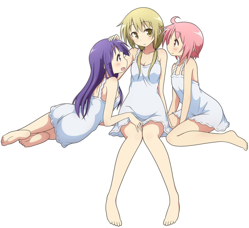 ahoge barefoot blonde_hair blush eyebrows_visible_through_hair girl_sandwich hinata_yukari ichii_yui long_hair looking_at_another medium_hair mel_(melty_pot) multiple_girls nonohara_yuzuko open_mouth petting pink_eyes pink_hair purple_eyes purple_hair sandwiched seiza short_hair sitting smile yellow_eyes yuyushiki