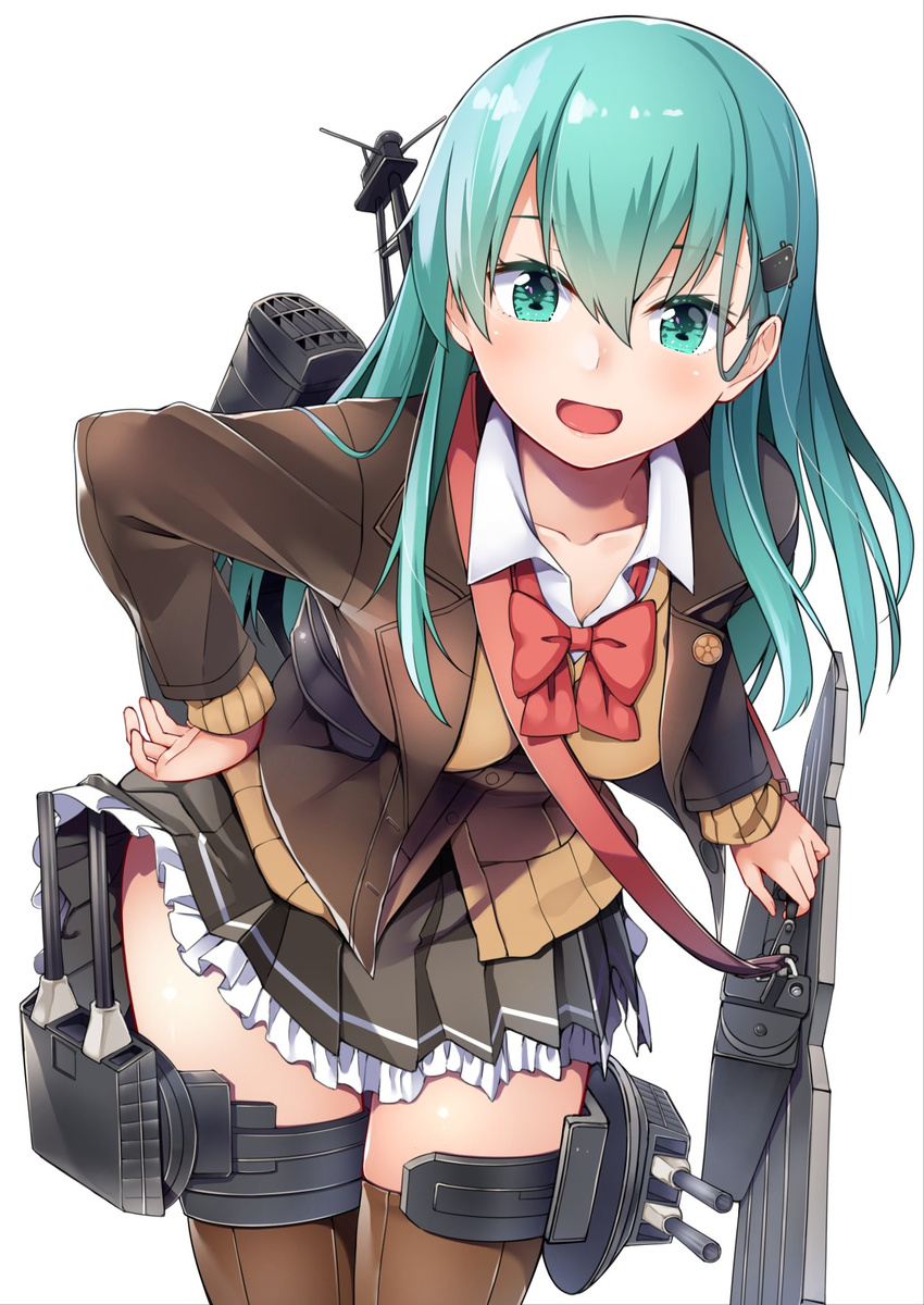 :d aqua_eyes aqua_hair ascot blazer blush brown_legwear byte_(allbyte) cannon cardigan flight_deck green_eyes green_hair hair_ornament hairclip harness highres jacket kantai_collection long_hair looking_at_viewer machinery open_mouth pleated_skirt school_uniform skirt smile solo suzuya_(kantai_collection) thighhighs turret