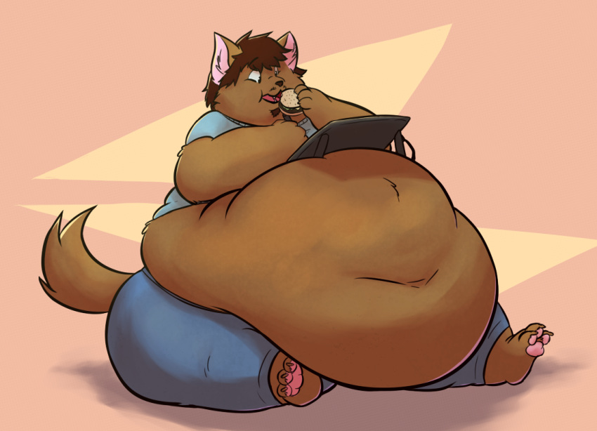 anthro barefoot belly belly_overhang big_belly big_butt brown_fur brown_hair burger butt cat catarsi chubby_cheeks claws clothed clothing creating_art eating facial_hair feline food fur hair holding_food holding_object hyper hyper_belly love_handles male mammal midriff morbidly_obese obese obese_male open_mouth overweight overweight_male pawpads sitting solo squish tablet thick_thighs toe_claws tongue wide_hips