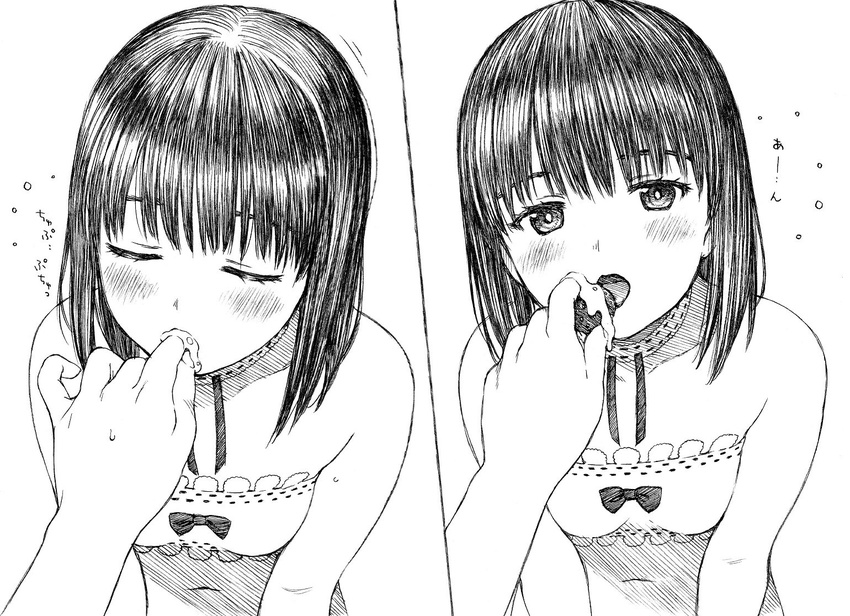 bandeau bow closed_eyes collar comic eating feeding finger_sucking food fruit greyscale monochrome navel open_mouth original out_of_frame pov pov_hands strawberry sweatdrop traditional_media yug