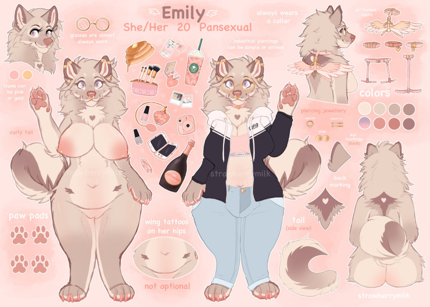 2018 anthro breasts canine cleft_of_venus clothing dog ear_piercing emily_(strawberrymilk) facial_piercing hi_res mammal model_sheet nipple_piercing nipples nose_piercing nose_ring nude piercing pussy strawberrymilk