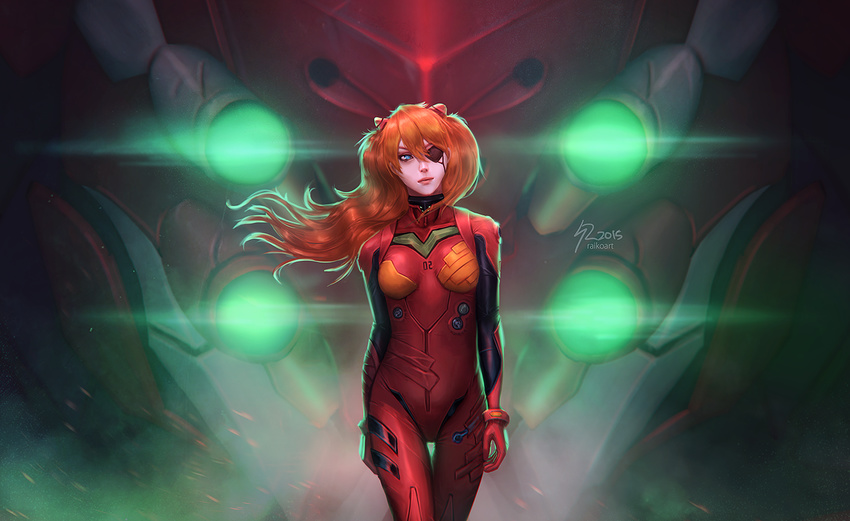 2015 backlighting bangs blue_eyes blurry bodysuit bracer breasts cowboy_shot dated depth_of_field duct_tape eva_02 eyepatch floating_hair gloves glowing glowing_eyes green_eyes hair_between_eyes hair_ornament lips long_hair looking_to_the_side mecha medium_breasts neon_genesis_evangelion number orange_hair pilot_suit plugsuit raikoart rebuild_of_evangelion revision shikinami_asuka_langley signature slim_legs souryuu_asuka_langley standing thigh_gap turtleneck