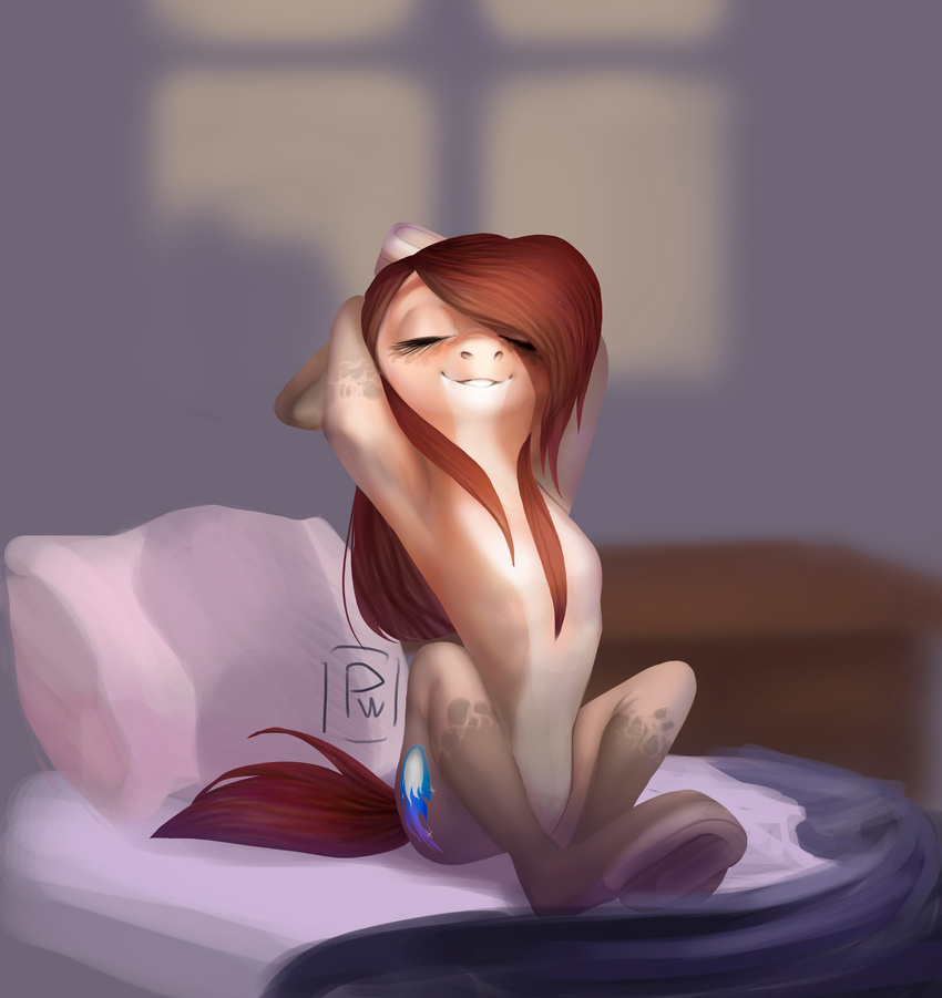 bed bedding blanket brown_hair early equine eyes_closed hair horse long_hair mammal morning morning_stretches my_little_pony pillow poisewritik pony shadow smile stretching