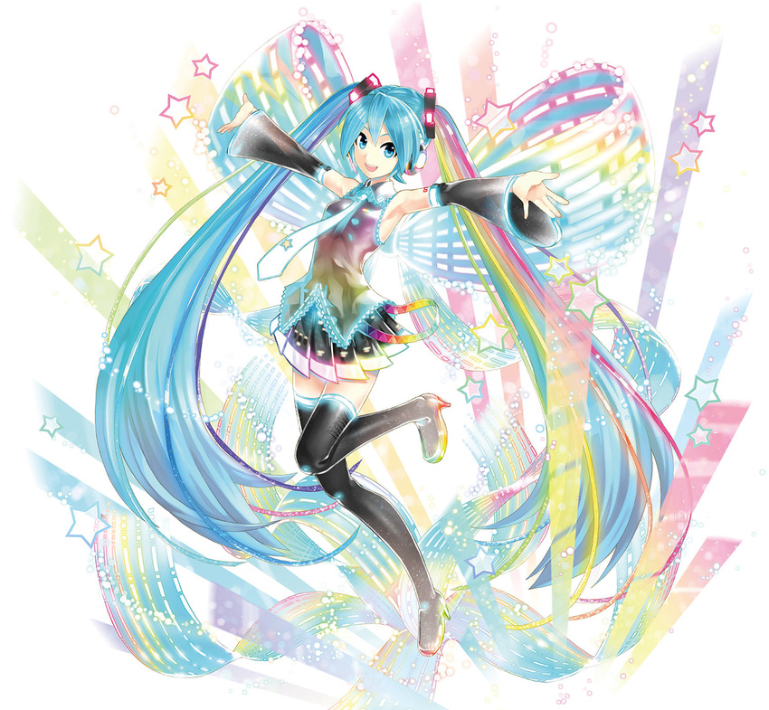 :d adapted_costume aqua_bow aqua_eyes aqua_hair armpits bangs bare_shoulders black_footwear black_skirt boots bow collared_shirt detached_sleeves frilled_shirt frills hatsune_miku headset high_heels highres huge_bow jpeg_artifacts kei_(keigarou) leg_up light_particles long_hair looking_at_viewer multicolored multicolored_bow multicolored_clothes multicolored_skirt necktie official_art open_mouth outstretched_arms pleated_skirt see-through shiny shiny_clothes shirt skirt sleeveless sleeveless_shirt smile solo standing standing_on_one_leg star streamers tattoo teeth thigh_boots thighhighs twintails very_long_hair vocaloid white_background white_neckwear zettai_ryouiki