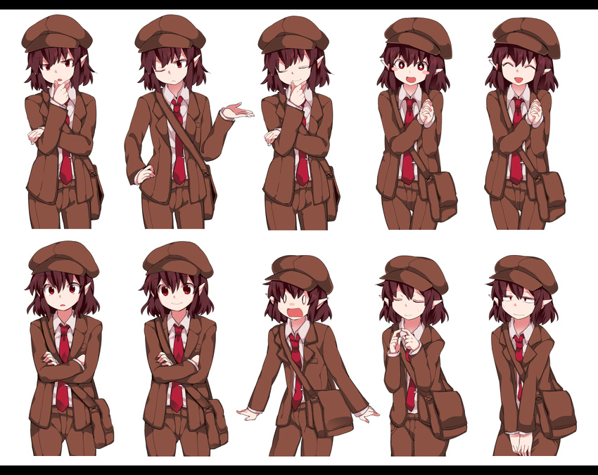 1girl 3: :d :| ^_^ bad_id bad_pixiv_id bag blazer blush_stickers brown_hair brown_hat brown_jacket brown_shorts cabbie_hat closed_eyes closed_mouth cocked_eyebrow collared_shirt cross_eyed crossed_arms d: expressions fingers_together flat_chest forbidden_scrollery hammer_(sunset_beach) hand_gesture hands_clasped hat jacket letterboxed narrowed_eyes necktie no_wings o_o open_mouth own_hands_together pointy_ears shameimaru_aya shirt short_hair shorts shoulder_bag smile surprised sweat thinking tie_clip touhou v_arms wide-eyed