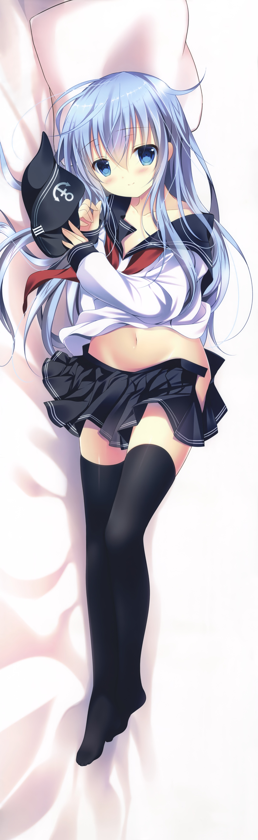 absurdres bed_sheet black_hat black_legwear black_skirt blue_eyes blue_hair blush collarbone dakimakura eyebrows_visible_through_hair flat_cap from_side full_body hair_between_eyes hat hibiki_(kantai_collection) highres huge_filesize kantai_collection long_hair looking_at_viewer lying midriff miniskirt navel on_side open_clothes open_skirt pleated_skirt school_uniform serafuku shirogane_hina shirt skirt smile solo stomach thighhighs very_long_hair white_shirt zettai_ryouiki