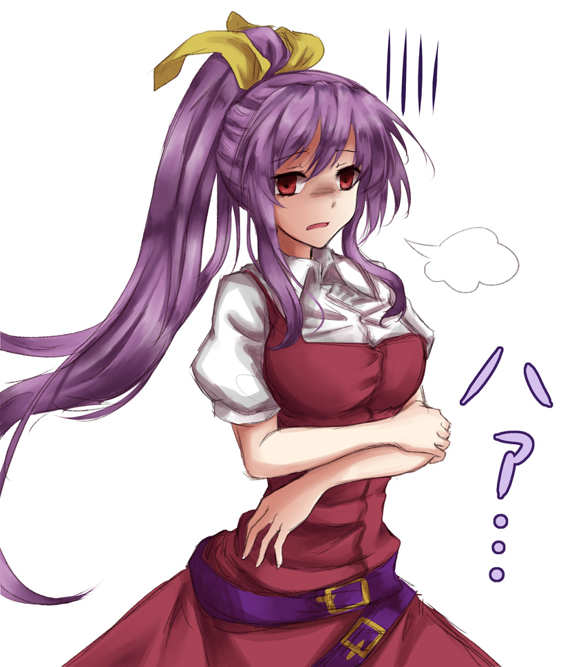 absurdres amagi_(amagi626) belt breasts collared_shirt disgust dress hair_ribbon hand_on_own_elbow highres long_ponytail medium_breasts open_mouth puffy_short_sleeves puffy_sleeves purple_hair red_dress red_eyes ribbon shaded_face shirt short_sleeves sidelocks sigh simple_background solo touhou translated watatsuki_no_yorihime white_background white_shirt