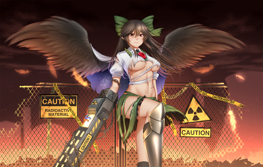 arm_cannon armor arms_at_sides bird_wings black_hair black_wings boots bow breasts breasts_apart caution caution_tape chain collared_shirt eyebrows_visible_through_hair feathered_wings feathers fence floating_hair frilled_shirt_collar frills green_bow green_skirt hair_between_eyes hair_bow highres knee_up large_breasts light_smile long_hair looking_at_viewer melting mismatched_footwear mochi_(chain_csn) navel night no_bra nuclear_powerplant puffy_short_sleeves puffy_sleeves radiation_symbol red_eyes reiuji_utsuho revision shirt short_sleeves sign single_boot skirt sky solo standing star_(sky) starry_sky stomach third_eye toned torn_clothes torn_shirt torn_skirt touhou underboob warning_sign weapon white_shirt wing_collar wings